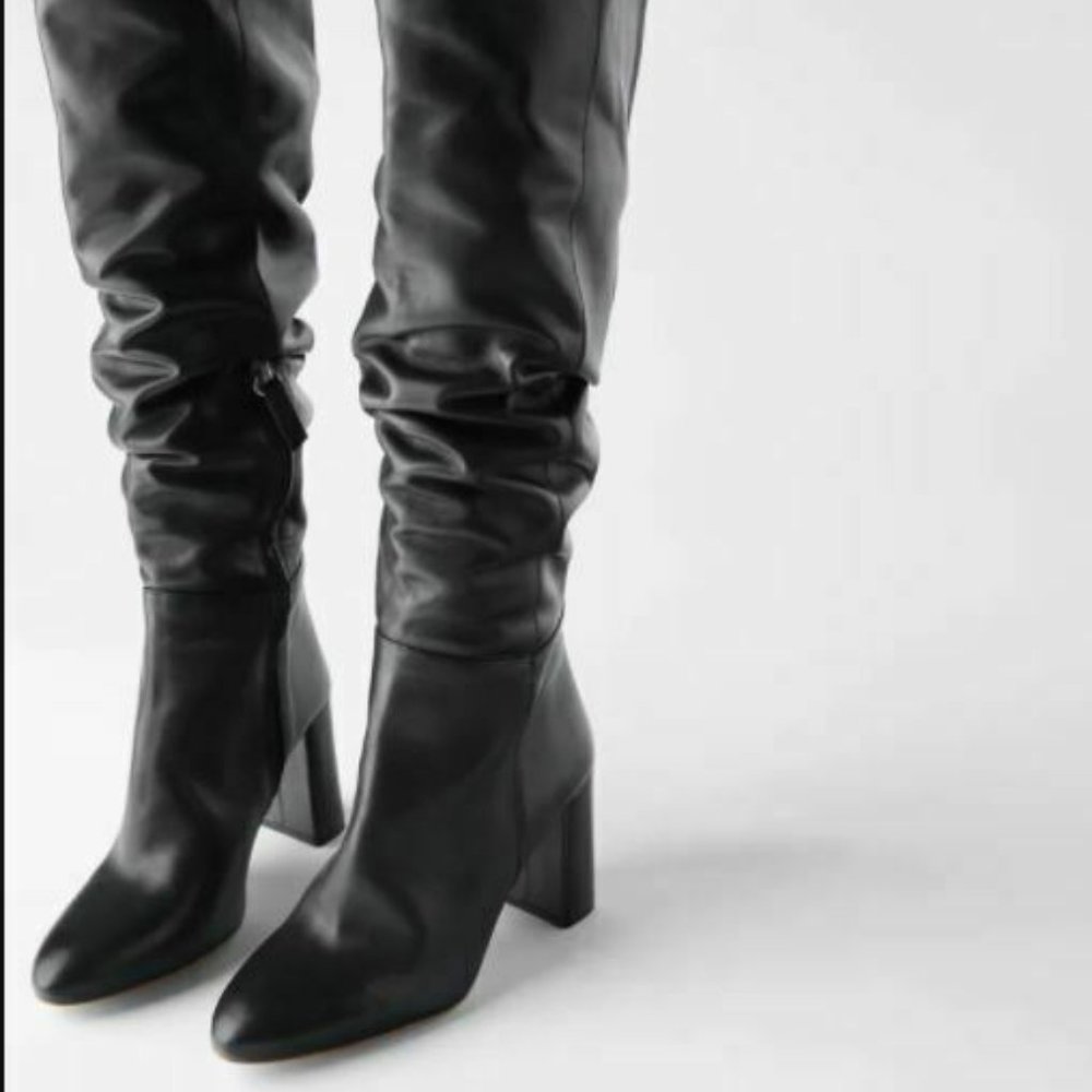 Zara Womens Black Leather High Heel Boots Tall 8